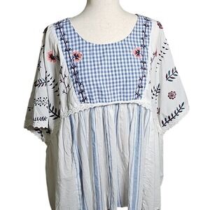 LOGO Boho Floral Embroidered 100% Cotton Plus size Top - Blue and White 2XL